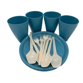 Набор для пикника на 4 персоны сине-серый (тарелка, стакан, ложка, вилка)