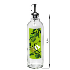 Бутылка 330 мл цилиндр для масла с мет. дозатором, Olive oil оливки на зел фоне, стекло