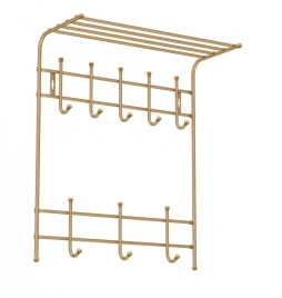 Вешалка с полкой 2-х ярусная 590х270х710мм 8 крючков золотой