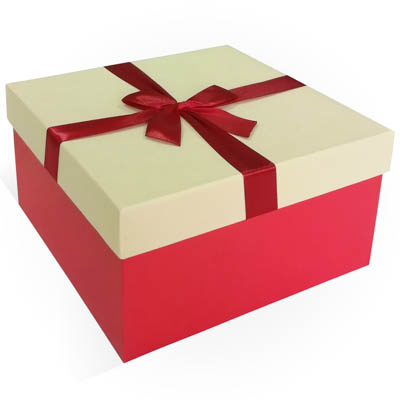  [о207126] Коробка подарочная с бантом тиснение Лен 21x21x11 см, слоновая кость-красный фото 1