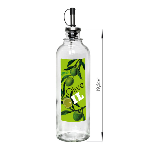  Бутылка 330 мл цилиндр для масла с мет. дозатором, Olive oil оливки на зел фоне, стекло фото 1