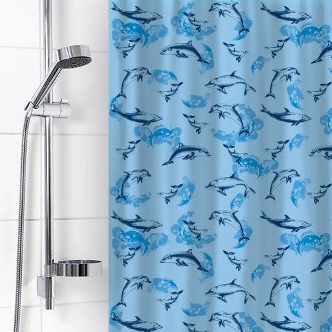  Штора для ванной комнаты п/э Дельфины голубые New 180х180 см фото 1