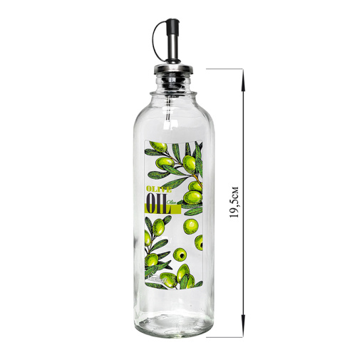  Бутылка 330 мл цилиндр для масла с мет. дозатором, Olive oil зеленые оливки, стекло фото 1