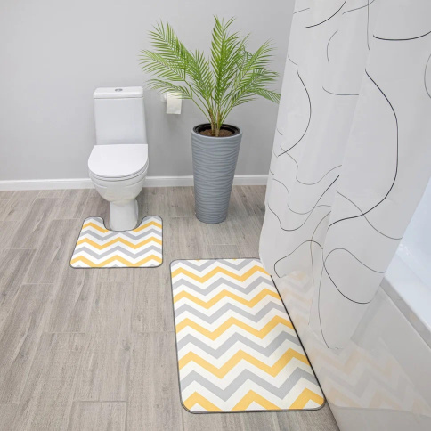  Набор ковриков для ванной комнаты и туалета 50х85 см, 50х52 см - Зигзаги (серо-жёлтый) фото 1