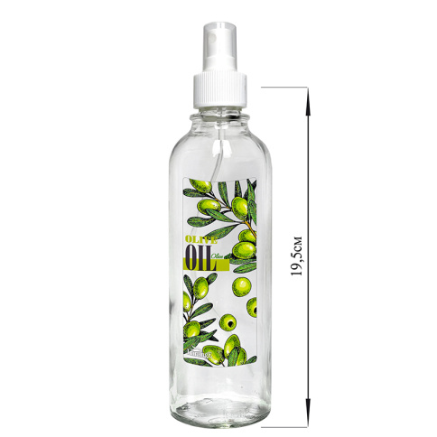  Бутылка 330 мл цилиндр с кноп. дозатором для масла/соусов, Olive oil зеленые оливки, стекло фото 1